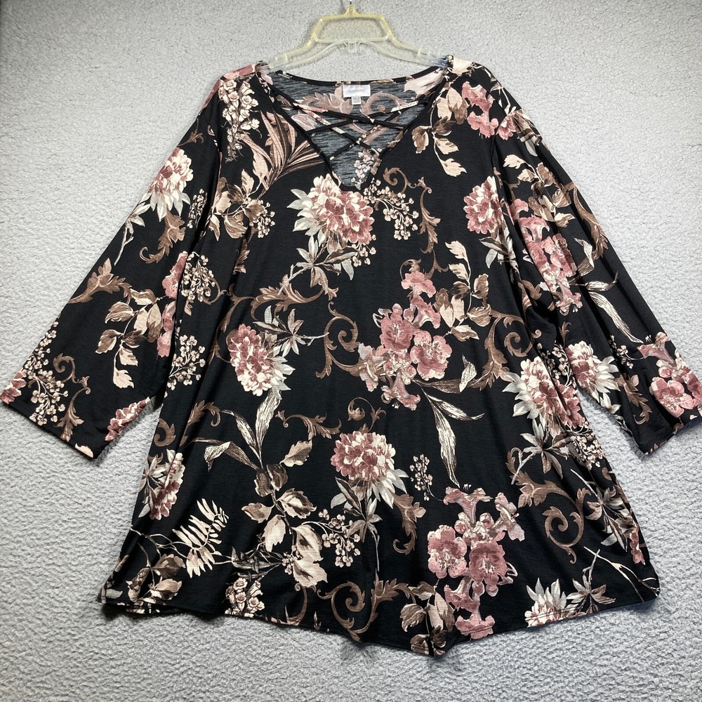 Avenue Top Women's Plus 26/28 Dark Floral 3/4 Sleeve Stretch Comfort‎ Flowy